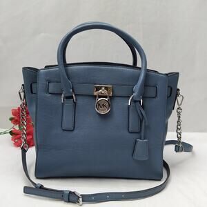 Michael Kors Blue Leather Lock Key Double Handles Satchel Shoulder Bag